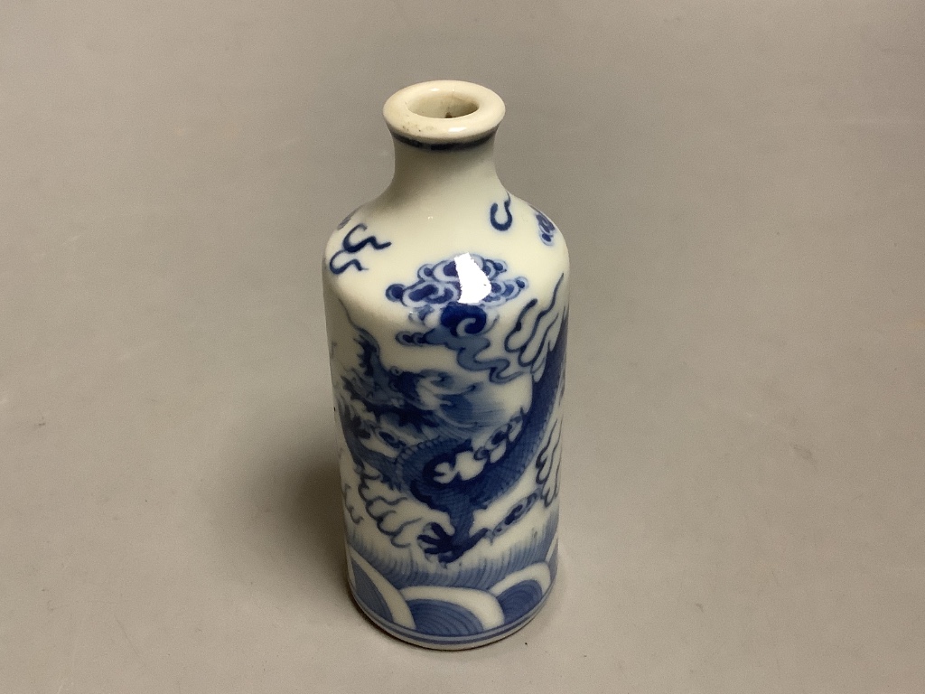 A Chinese underglaze blue and copper red snuff bottle, height 9cm